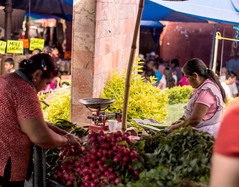 Mujeres participando en un trueque de productos.