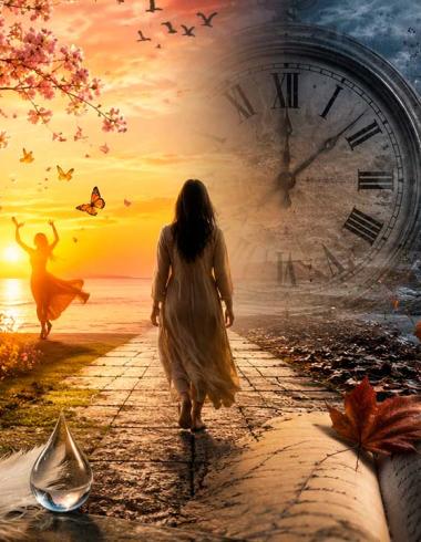 Ilustración surrealista inspirada en el paso del tiempo y las emociones humanas. Una figura femenina camina entre dos paisajes opuestos: de un lado, flores, luz y primavera; del otro, invierno, lluvia y árboles secos. Un gran reloj, hojas otoñales y un cuaderno abierto simbolizan la memoria, el dolor y el transcurrir de la vida.
