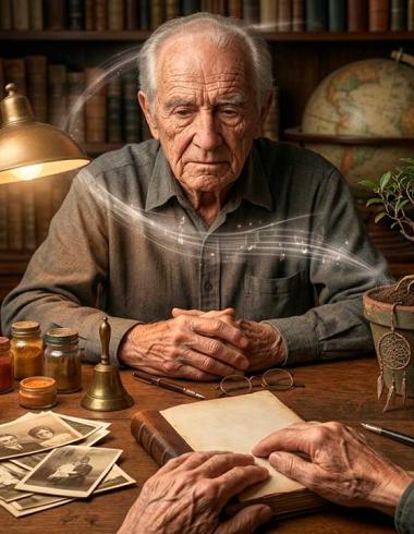 Fotografía hiperrealista en formato horizontal de un anciano en su estudio rodeado de libros, fotografías antiguas, un reloj vintage y plantas, con una sutil estela luminosa que conecta los elementos de su escritorio.
