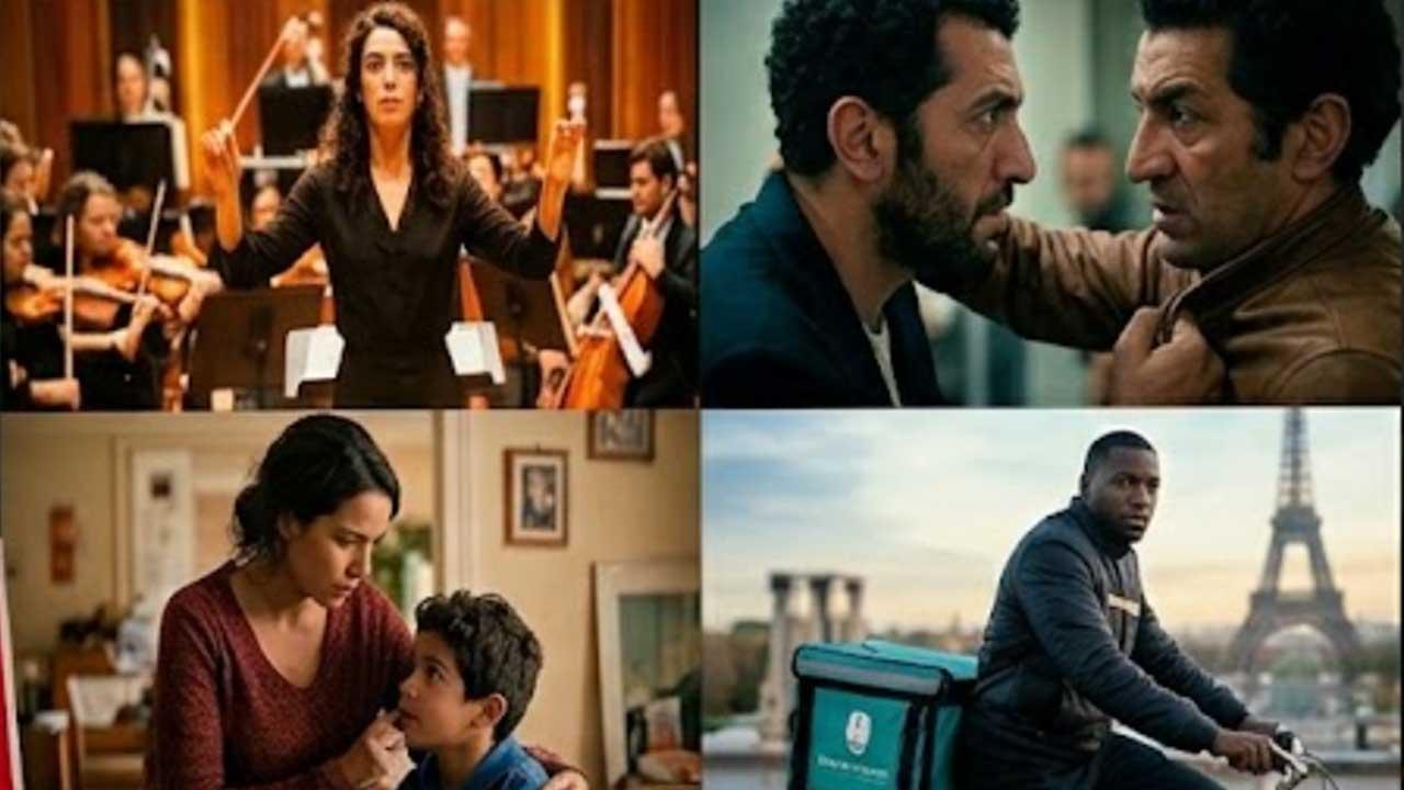 Un collage de cuatro paneles de fotogramas de películas que ilustran diversos temas. El panel superior izquierdo muestra a una directora de orquesta de pie frente a una orquesta completa. El panel superior derecho presenta un primer plano tenso de dos hombres de mediana edad cara a cara en un enfrentamiento. El panel inferior izquierdo muestra a una mujer con cabello recogido interactuando tiernamente con un niño joven en una escena doméstica. El panel inferior derecho presenta a un joven repartidor negro e