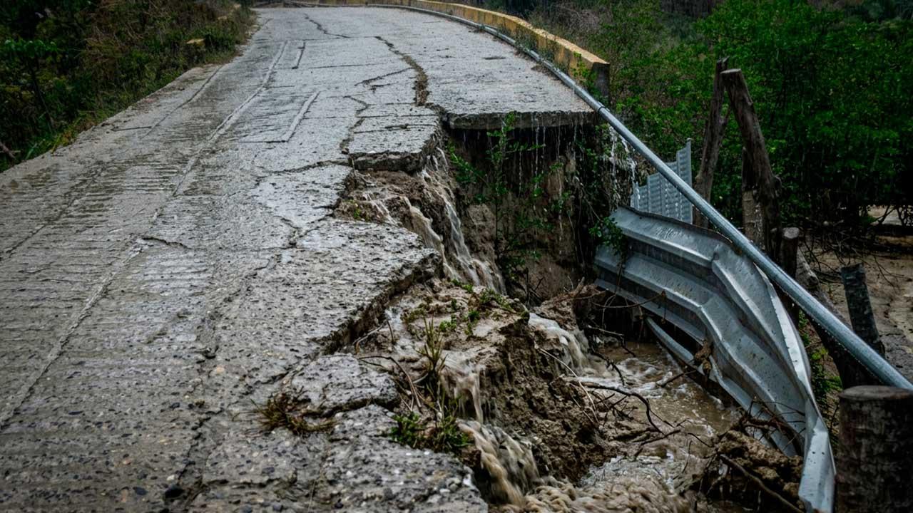 Fotografía de una carretera de concreto rural gravemente colapsada en un acantilado bajo una fuerte lluvia. Una parte significativa del pavimento se ha desmoronado. El agua de lluvia fluye activamente por las grietas y las caras expuestas de la tierra y la roca, y cae sobre un culvert de metal oxidado al pie del colapso. Árboles verdes se alinean en la colina bajo el clima lluvioso.