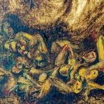 Obra de Luis Vargas Santa Cruz sobre la Guerra Sucia en Guerrero, con figuras humanas y tonos intensos que representan violencia y memoria histórica.
