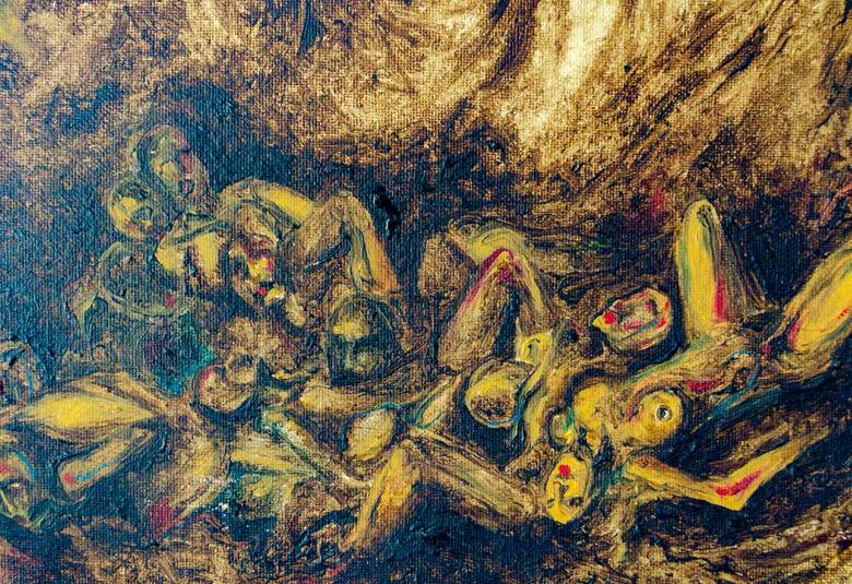 Obra de Luis Vargas Santa Cruz sobre la Guerra Sucia en Guerrero, con figuras humanas y tonos intensos que representan violencia y memoria histórica.