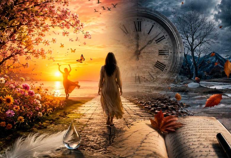 Ilustración surrealista inspirada en el paso del tiempo y las emociones humanas. Una figura femenina camina entre dos paisajes opuestos: de un lado, flores, luz y primavera; del otro, invierno, lluvia y árboles secos. Un gran reloj, hojas otoñales y un cuaderno abierto simbolizan la memoria, el dolor y el transcurrir de la vida.