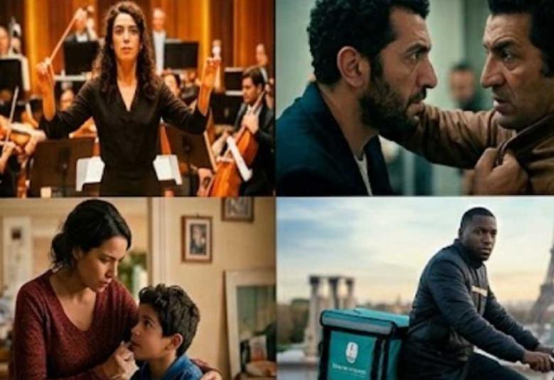 Un collage de cuatro paneles de fotogramas de películas que ilustran diversos temas. El panel superior izquierdo muestra a una directora de orquesta de pie frente a una orquesta completa. El panel superior derecho presenta un primer plano tenso de dos hombres de mediana edad cara a cara en un enfrentamiento. El panel inferior izquierdo muestra a una mujer con cabello recogido interactuando tiernamente con un niño joven en una escena doméstica. El panel inferior derecho presenta a un joven repartidor negro e
