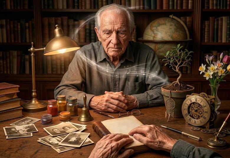 Fotografía hiperrealista en formato horizontal de un anciano en su estudio rodeado de libros, fotografías antiguas, un reloj vintage y plantas, con una sutil estela luminosa que conecta los elementos de su escritorio.