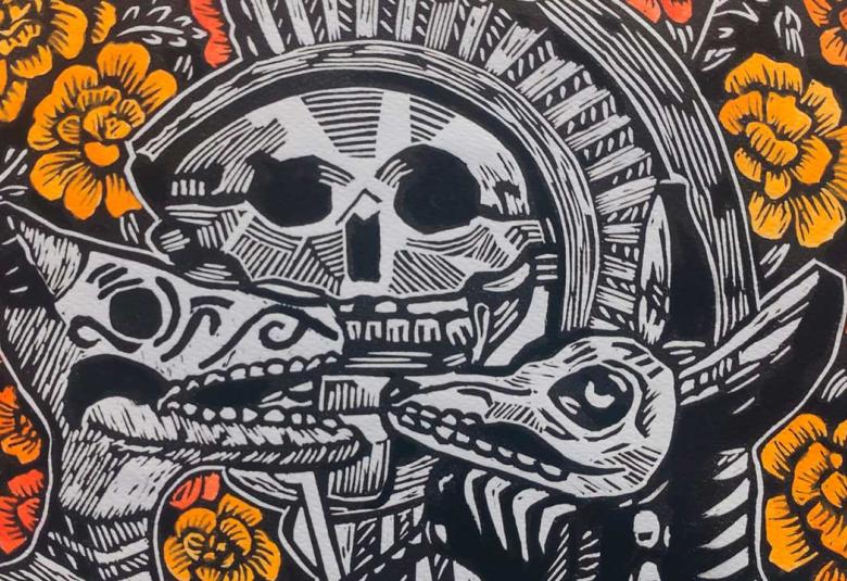 Grabado artístico en blanco, negro, naranja y amarillo que representa una calavera junto a un perro xoloitzcuintle, rodeados de flores de cempasúchil.