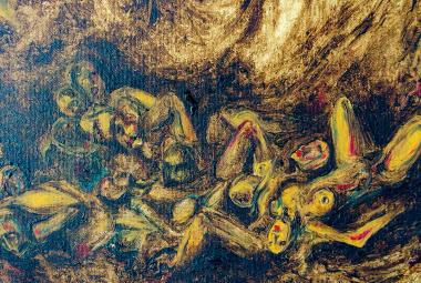 Obra de Luis Vargas Santa Cruz sobre la Guerra Sucia en Guerrero, con figuras humanas y tonos intensos que representan violencia y memoria histórica.
