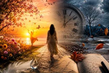Ilustración surrealista inspirada en el paso del tiempo y las emociones humanas. Una figura femenina camina entre dos paisajes opuestos: de un lado, flores, luz y primavera; del otro, invierno, lluvia y árboles secos. Un gran reloj, hojas otoñales y un cuaderno abierto simbolizan la memoria, el dolor y el transcurrir de la vida.