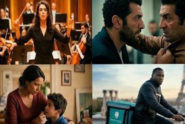 Un collage de cuatro paneles de fotogramas de películas que ilustran diversos temas. El panel superior izquierdo muestra a una directora de orquesta de pie frente a una orquesta completa. El panel superior derecho presenta un primer plano tenso de dos hombres de mediana edad cara a cara en un enfrentamiento. El panel inferior izquierdo muestra a una mujer con cabello recogido interactuando tiernamente con un niño joven en una escena doméstica. El panel inferior derecho presenta a un joven repartidor negro e