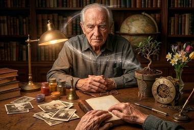 Fotografía hiperrealista en formato horizontal de un anciano en su estudio rodeado de libros, fotografías antiguas, un reloj vintage y plantas, con una sutil estela luminosa que conecta los elementos de su escritorio.