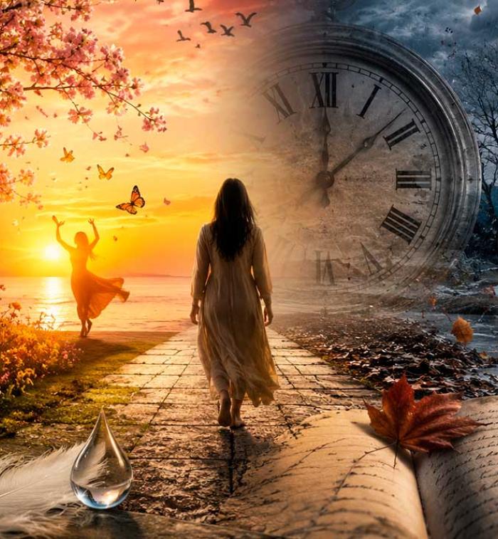 Ilustración surrealista inspirada en el paso del tiempo y las emociones humanas. Una figura femenina camina entre dos paisajes opuestos: de un lado, flores, luz y primavera; del otro, invierno, lluvia y árboles secos. Un gran reloj, hojas otoñales y un cuaderno abierto simbolizan la memoria, el dolor y el transcurrir de la vida.